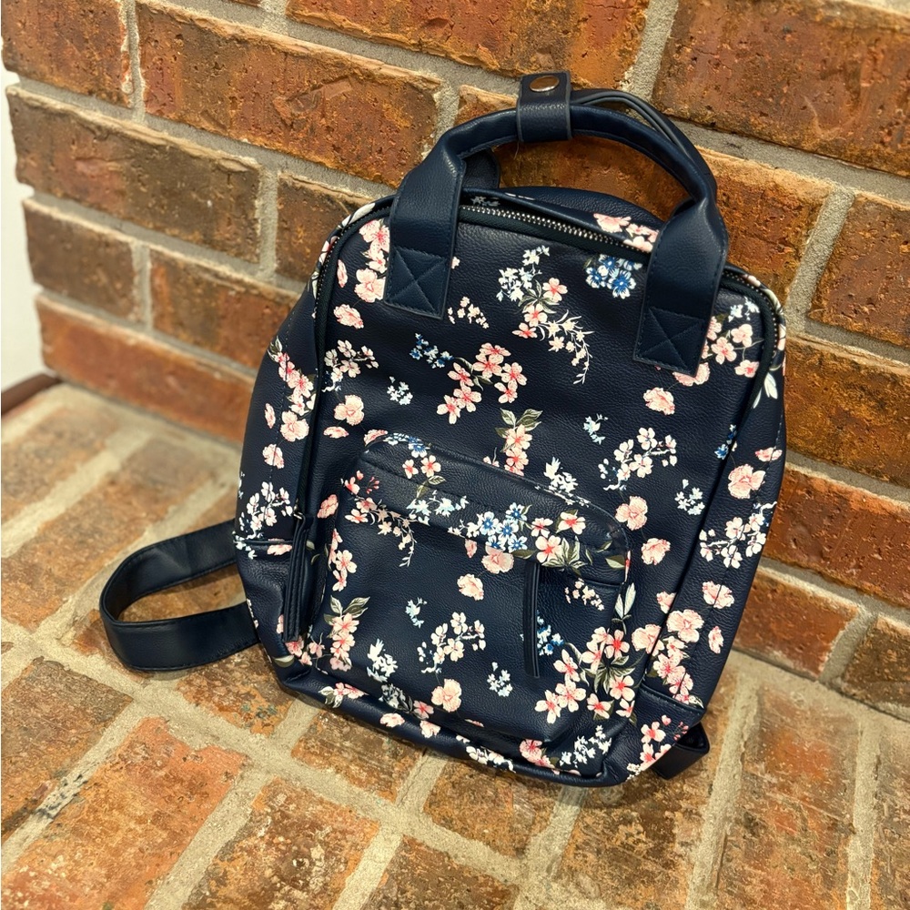 Floral Navy Faux Leather Backpack